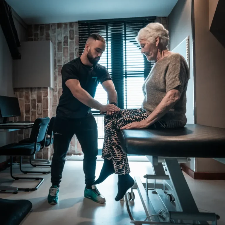 BehanFysiotherapeut voert een klinisch onderzoek uit naar de mobiliteit en stabiliteit van het kniegewricht in de praktijk in Alkmaar.